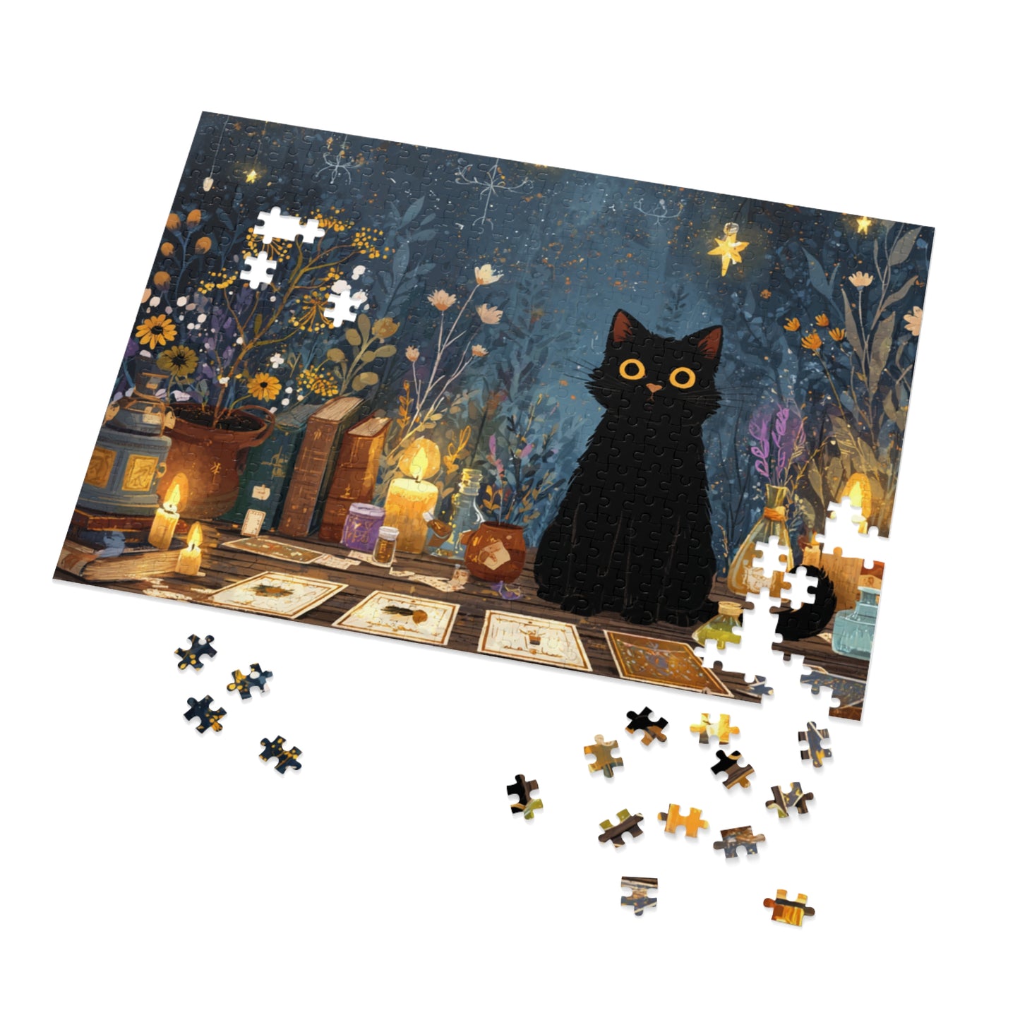 Enchanted Black Cat Puzzle with Tarot, Candles, and Spellbinding Herbs in A Gift Tin. Gift for Cat lovers, Halloween Gift Puzzle