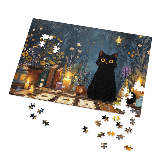 Enchanted Black Cat Puzzle with Tarot, Candles, and Spellbinding Herbs in A Gift Tin. Gift for Cat lovers, Halloween Gift Puzzle