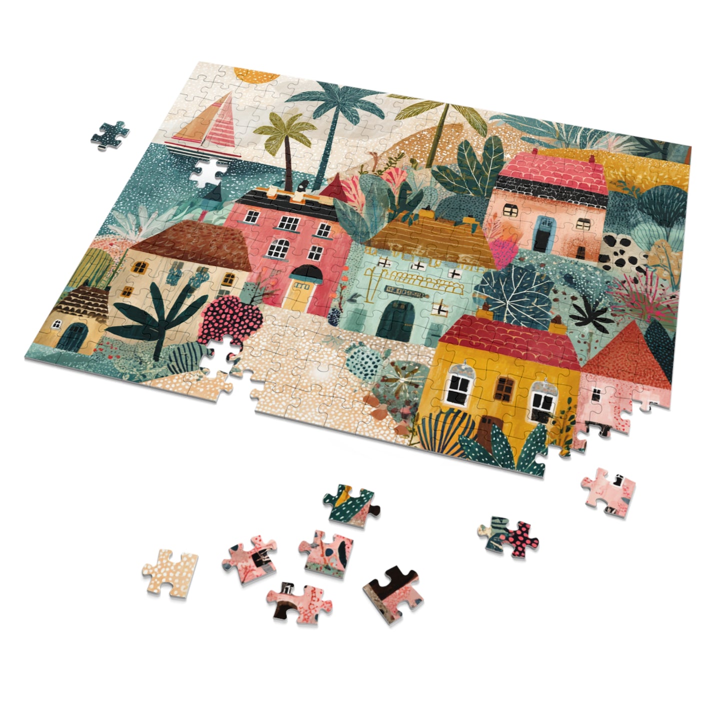 Colorful Coastal Village Jigsaw Puzzle with Tin – Fun Family Activity, Whimsical Folk Art Puzzle, Gift for All Ages