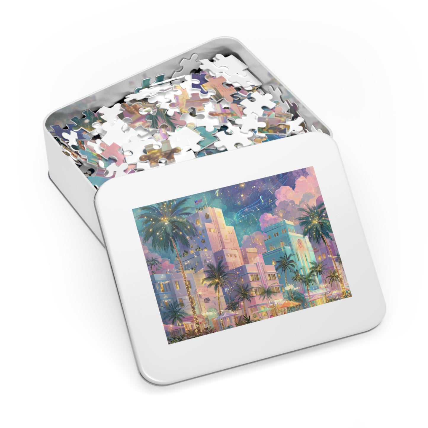 Whimsical Miami Puzzle – Colorful Tropical Cityscape-Jigsaw Puzzle with Tin