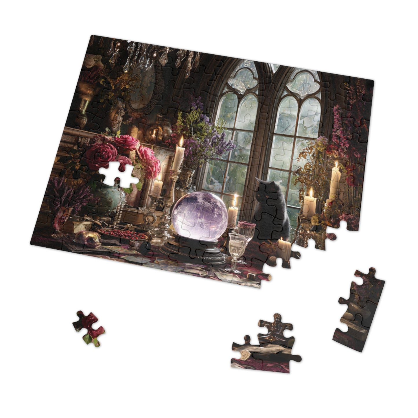 Witchs Enchanted Chamber Puzzle with a Black Cat, Crystal Ball & Tarot Magic with a Gift Tin, Halloween Activity
