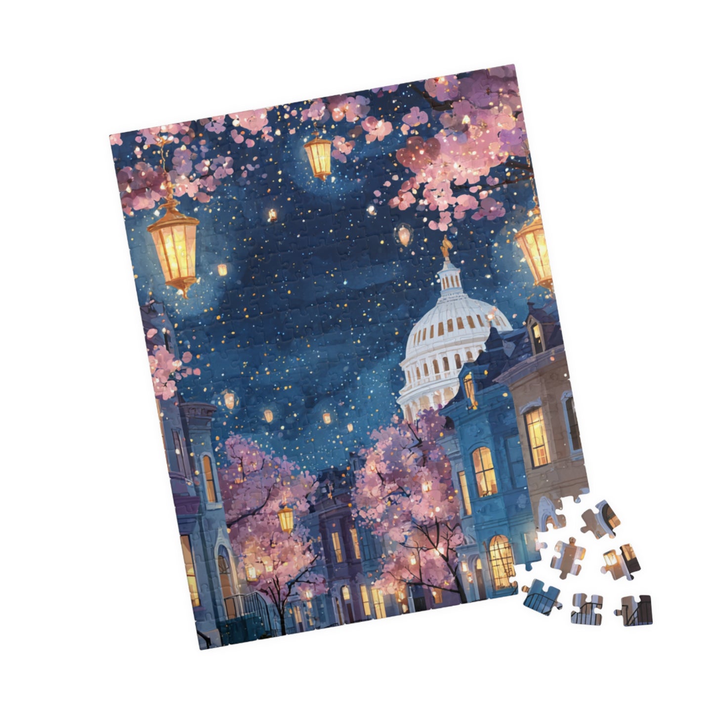 Cherry Blossom Night Skyline Puzzle — Washington Capitol Evening Jigsaw (110–1014 pcs)