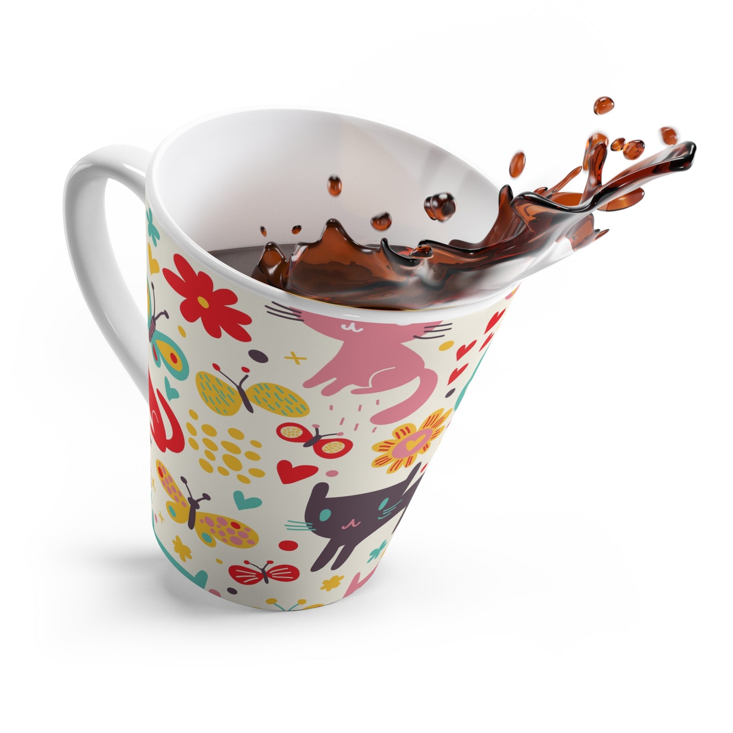 Latte Mug - Colorful Cute Cats & Butterflies Ceramic Coffee Cup