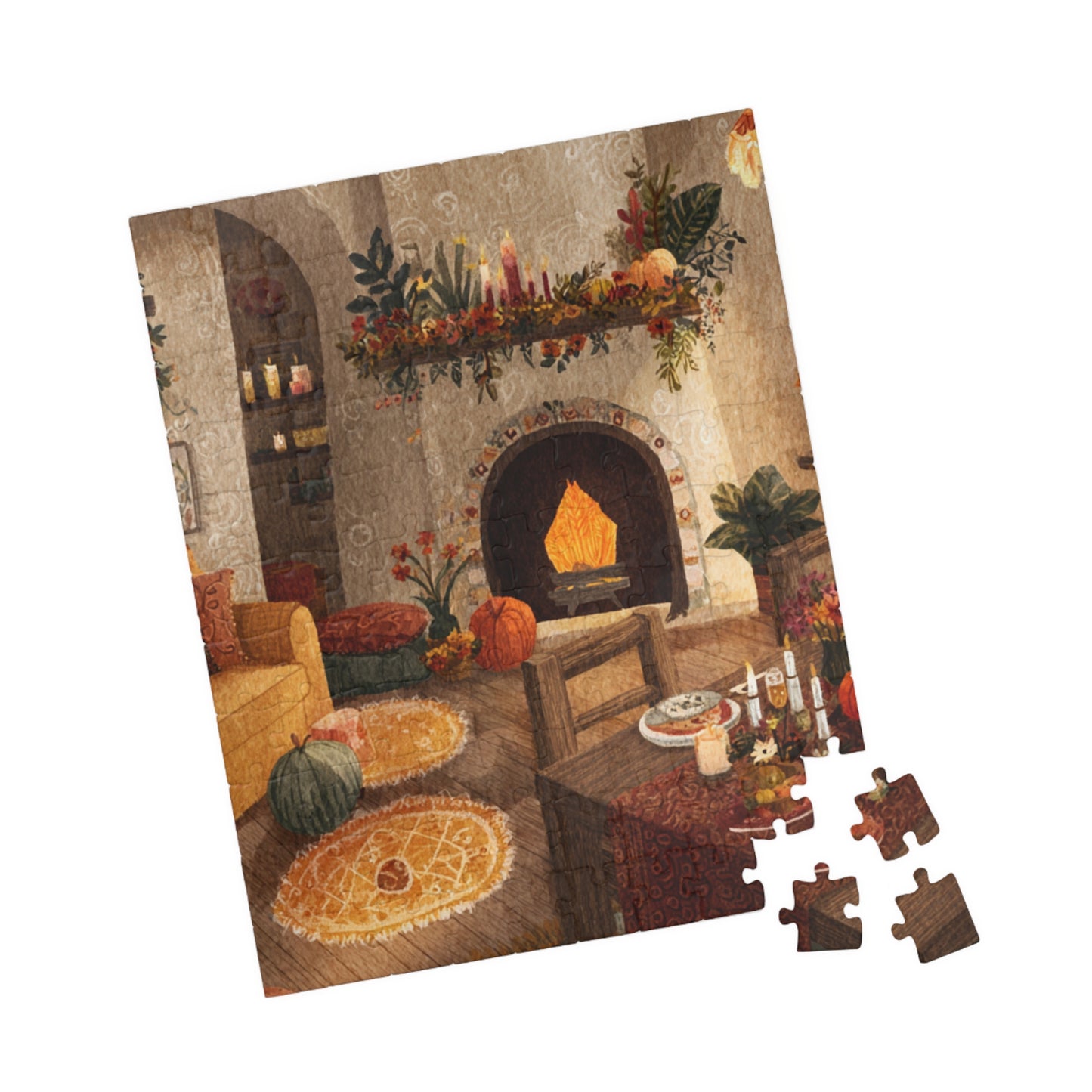Autumn Cozy Living Room Puzzle | Glowing Fireplace Fall Decor | Cozy Seasonal Jigsaw Gift | Jazz N’ Coffee Puzzles