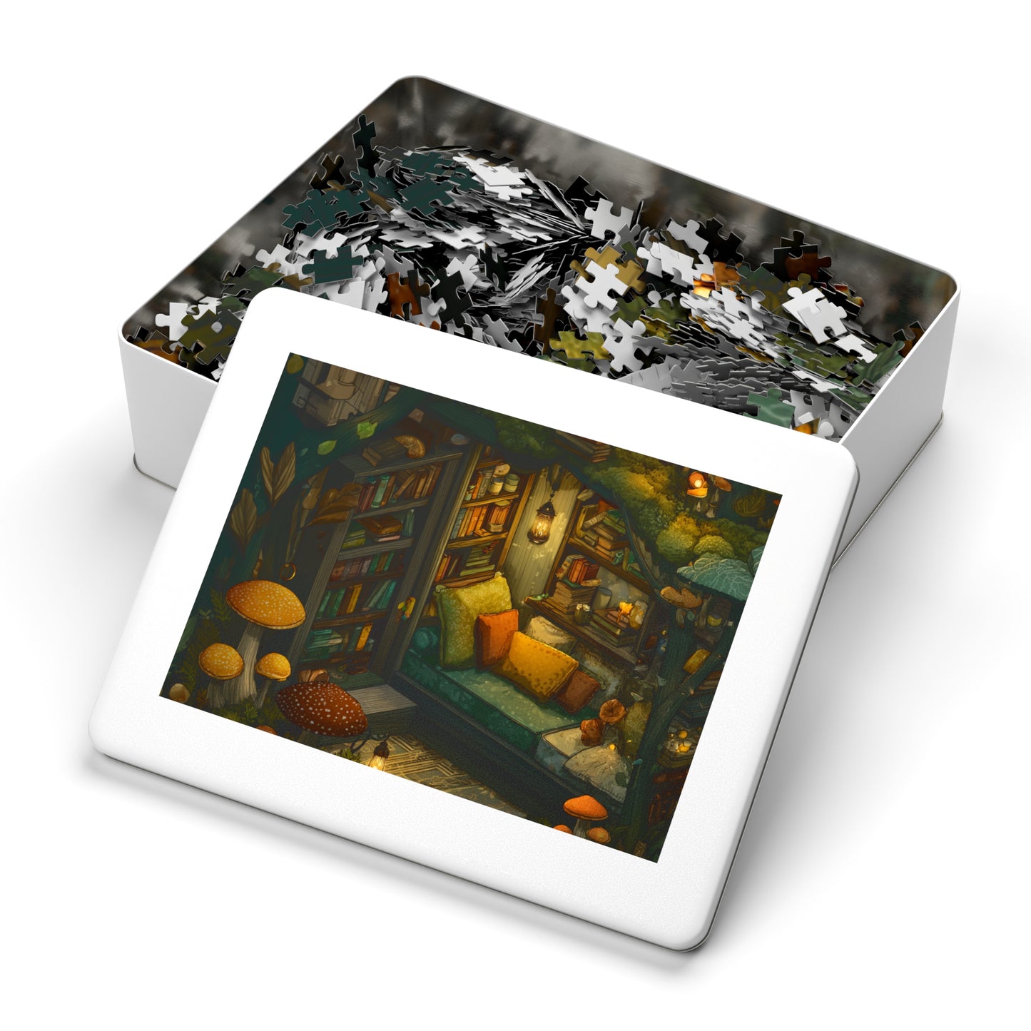 Cozy Mushroom Reading Nook Jigsaw Puzzle with Tin
