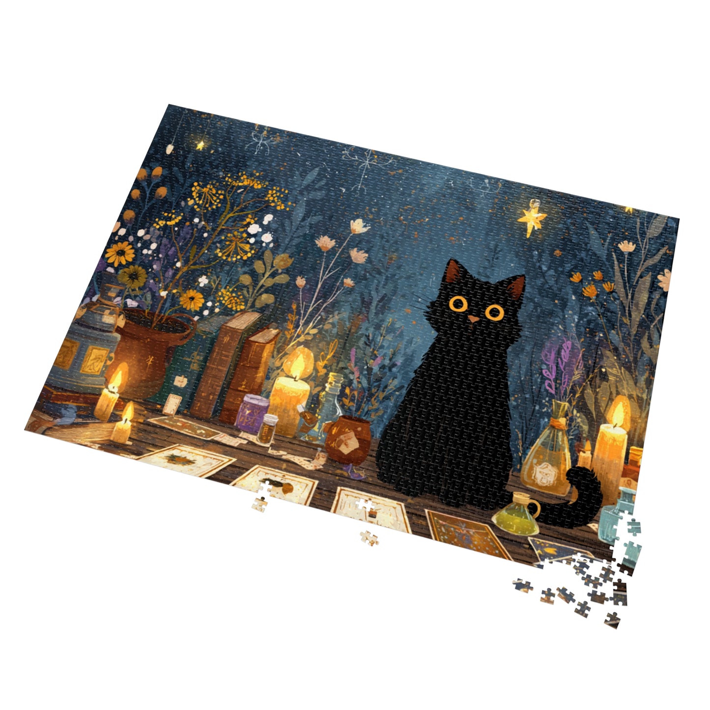 Enchanted Black Cat Puzzle with Tarot, Candles, and Spellbinding Herbs in A Gift Tin. Gift for Cat lovers, Halloween Gift Puzzle