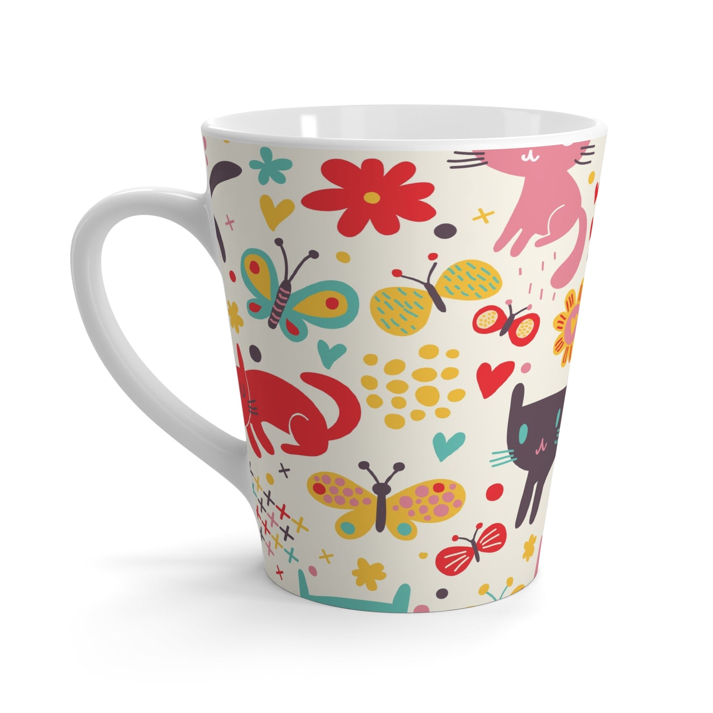 Latte Mug - Colorful Cute Cats & Butterflies Ceramic Coffee Cup