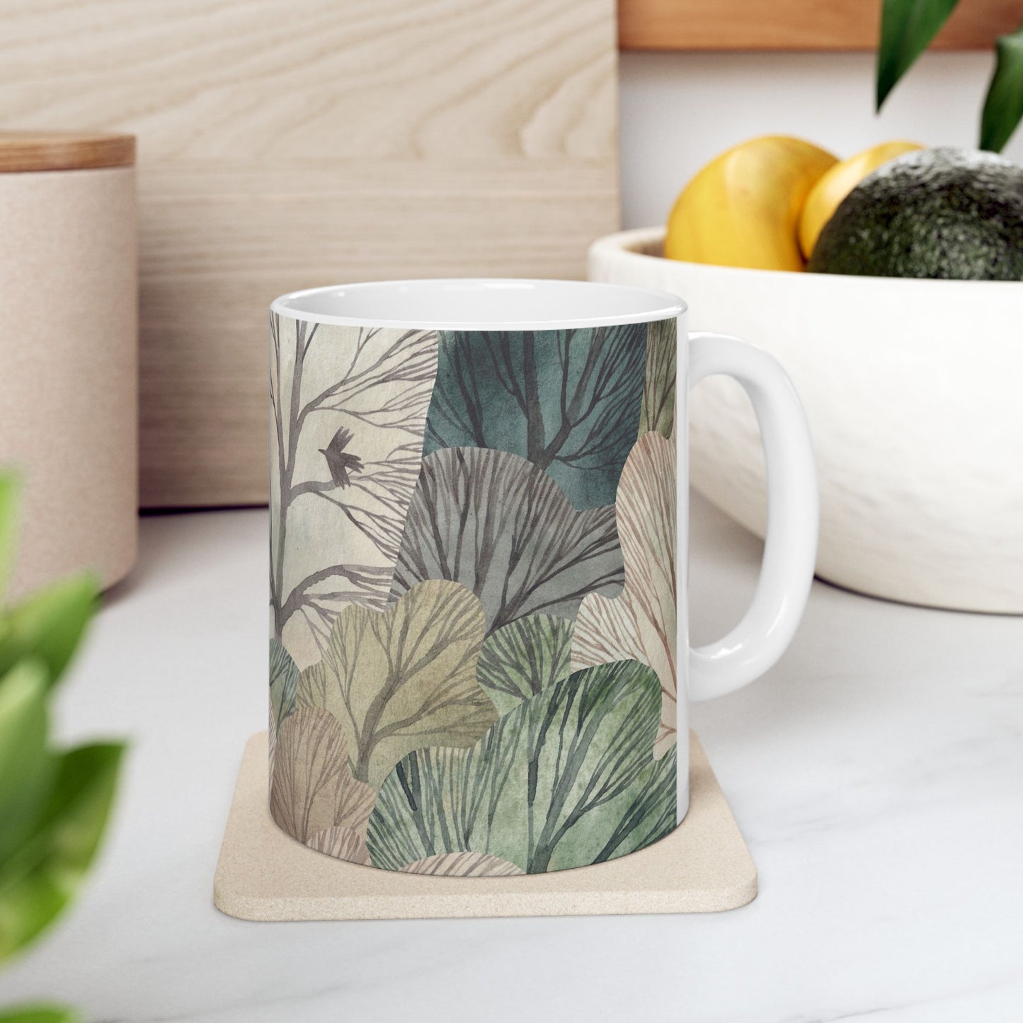 Whimsical Forest Ceramic Mug, Woodland Leaves in Muted Green, Gray and Cream, Cozy Nature Coffee Cup, 11oz & 15oz
