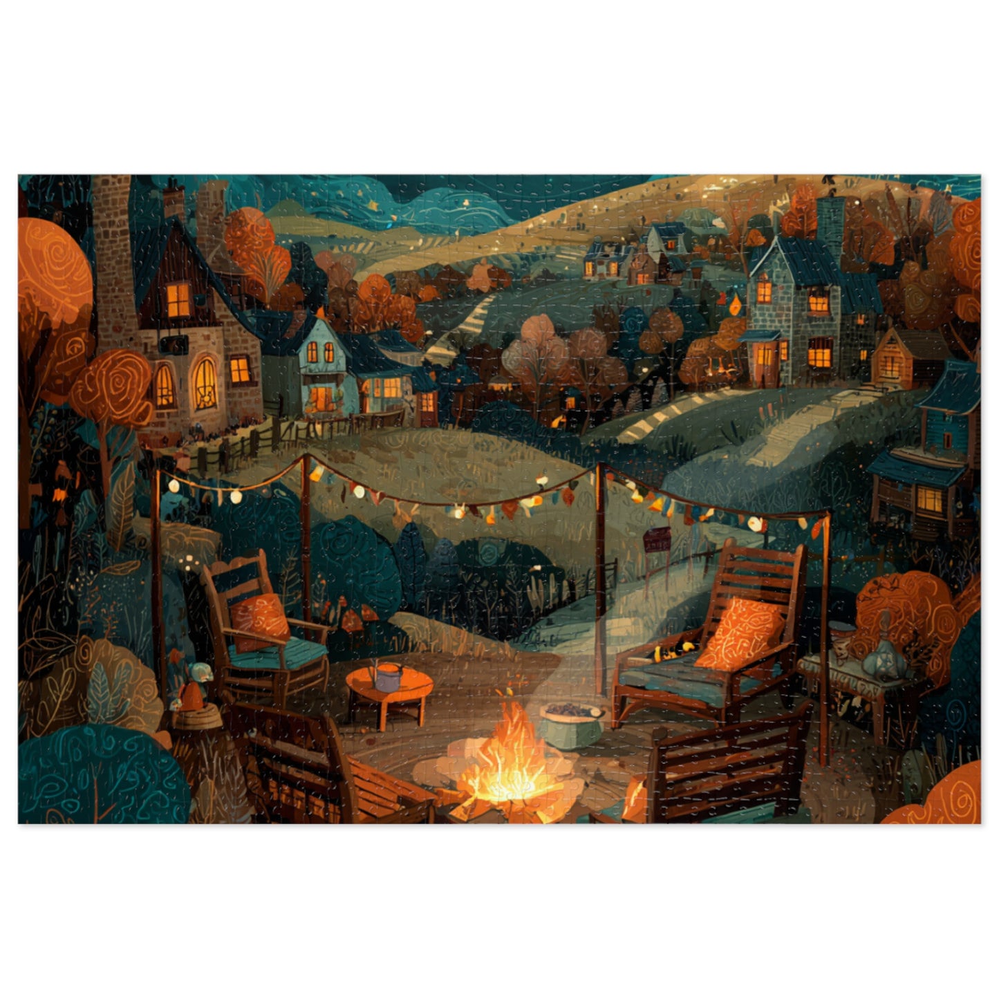 Cozy Campfire Village Jigsaw Puzzle with Tin — 500pc Scenic Nighttime Puzzle
