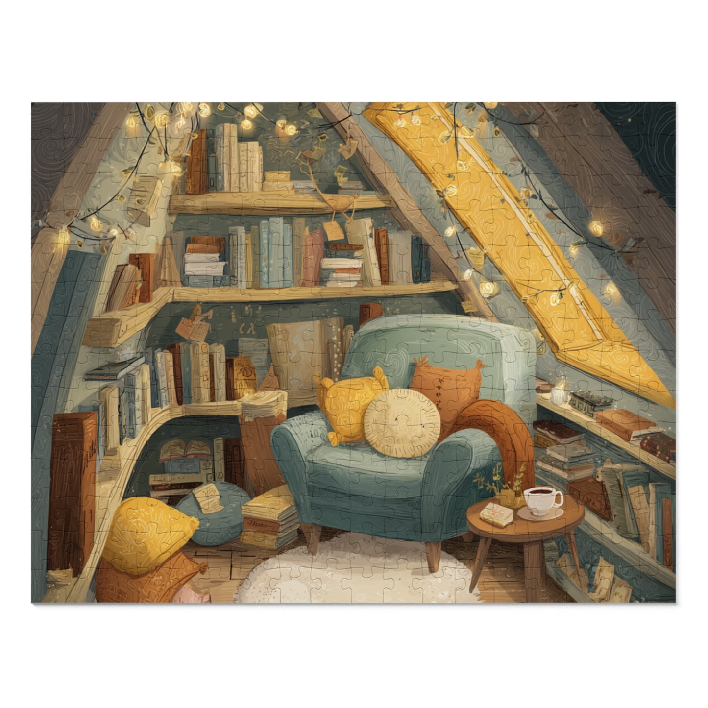 Cozy Reading Nook Jigsaw Puzzle (with Tin) — Warm Attic Books & Tea Scene