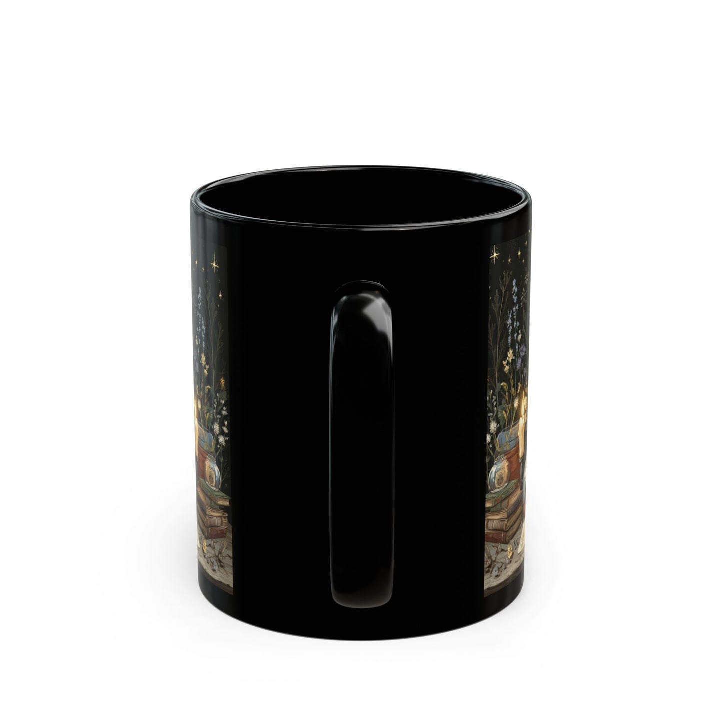 Witchy Black Cat Alchemy Mug — Candlelit Potions & Starry Books (11oz/15oz)