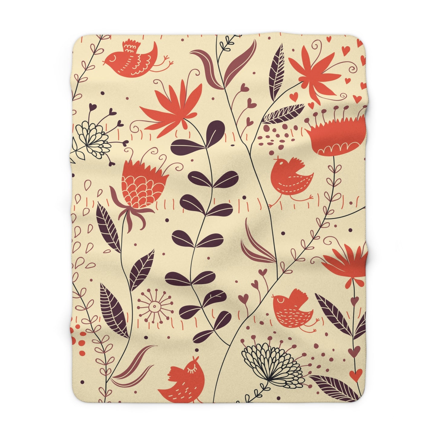 Floral Bird Sherpa Blanket — Cozy Cream Fleece with Red Wildflower & Bird Print