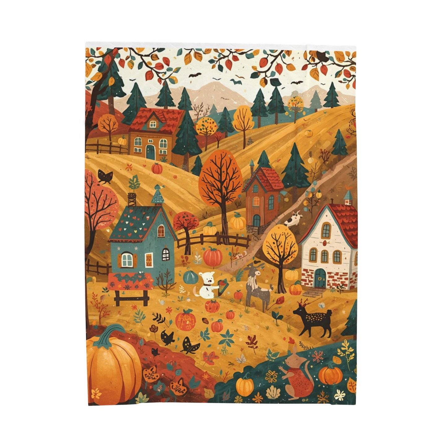 Cozy Autumn Village Velveteen Plush Blanket | Fall Harvest Throw | Soft Plush Blanket Gift | Warm Rustic Home Decor | Pumpkin Season Blanket