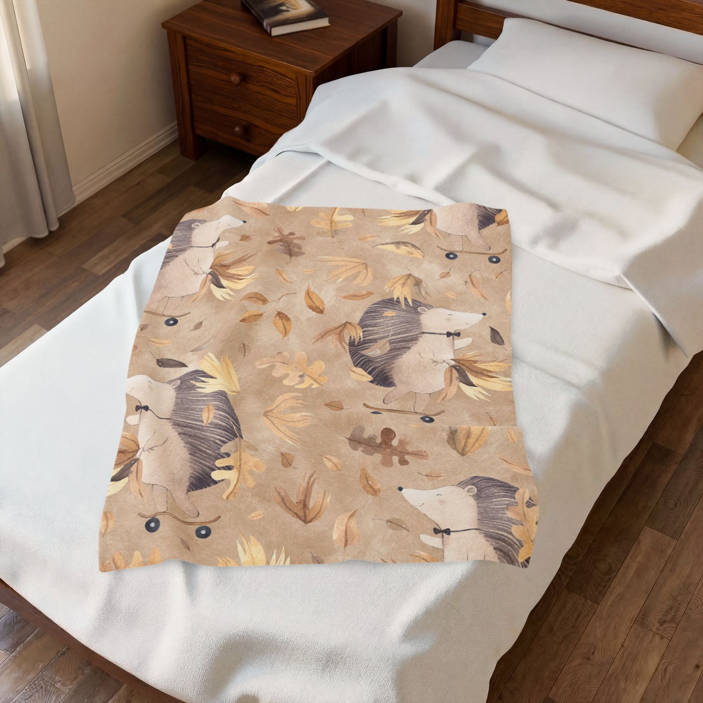 Hedgehog Skate Velveteen Plush Blanket – Cute Woodland Animal Throw for Kids & Cozy Autumn Decor