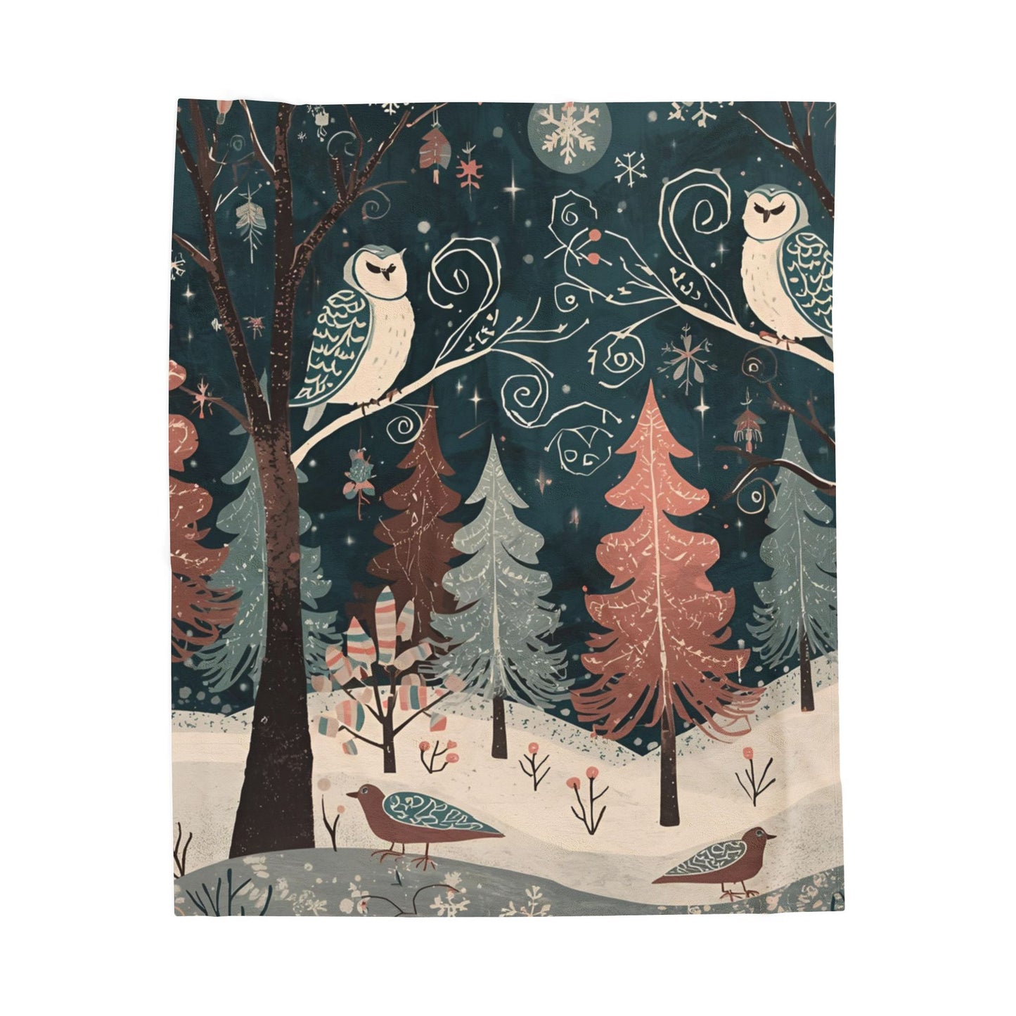 Whimsical Winter Owl Forest Velveteen Plush Blanket | Cozy Woodland Throw | Soft Plush Blanket Gift | Snowy Owl and Pine Tree Decor