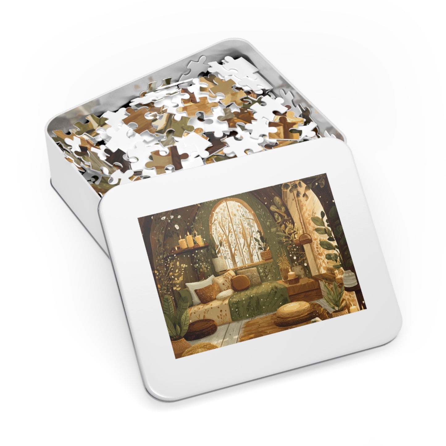 Cozy Green Nook Jigsaw Puzzle with Tin – Calming Botanical Room Scene