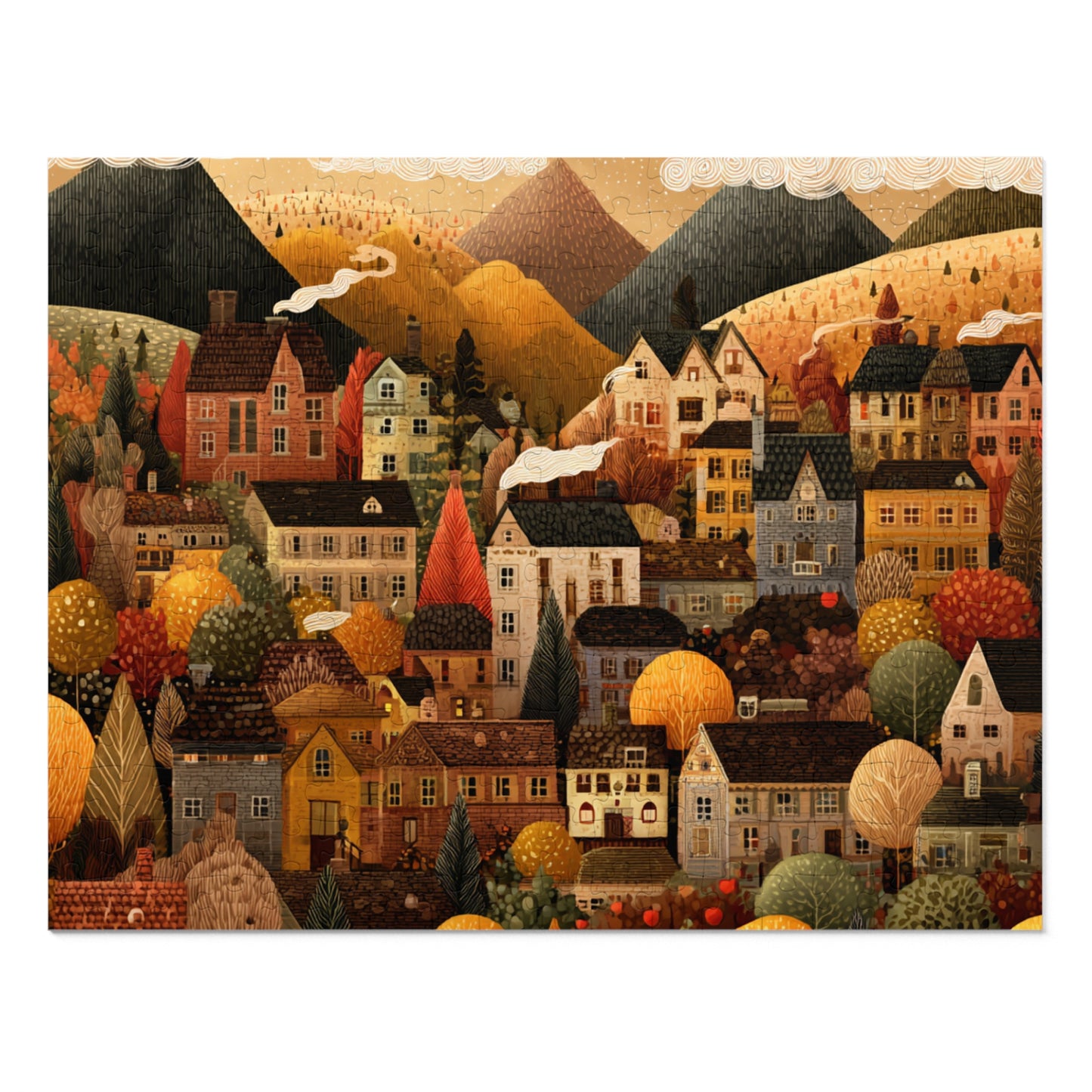 Amber Peak Village Puzzle | Tranquil Autumn Mountain Scene | Cozy Fall Jigsaw Gift | Jazz N’ Coffee Puzzles
