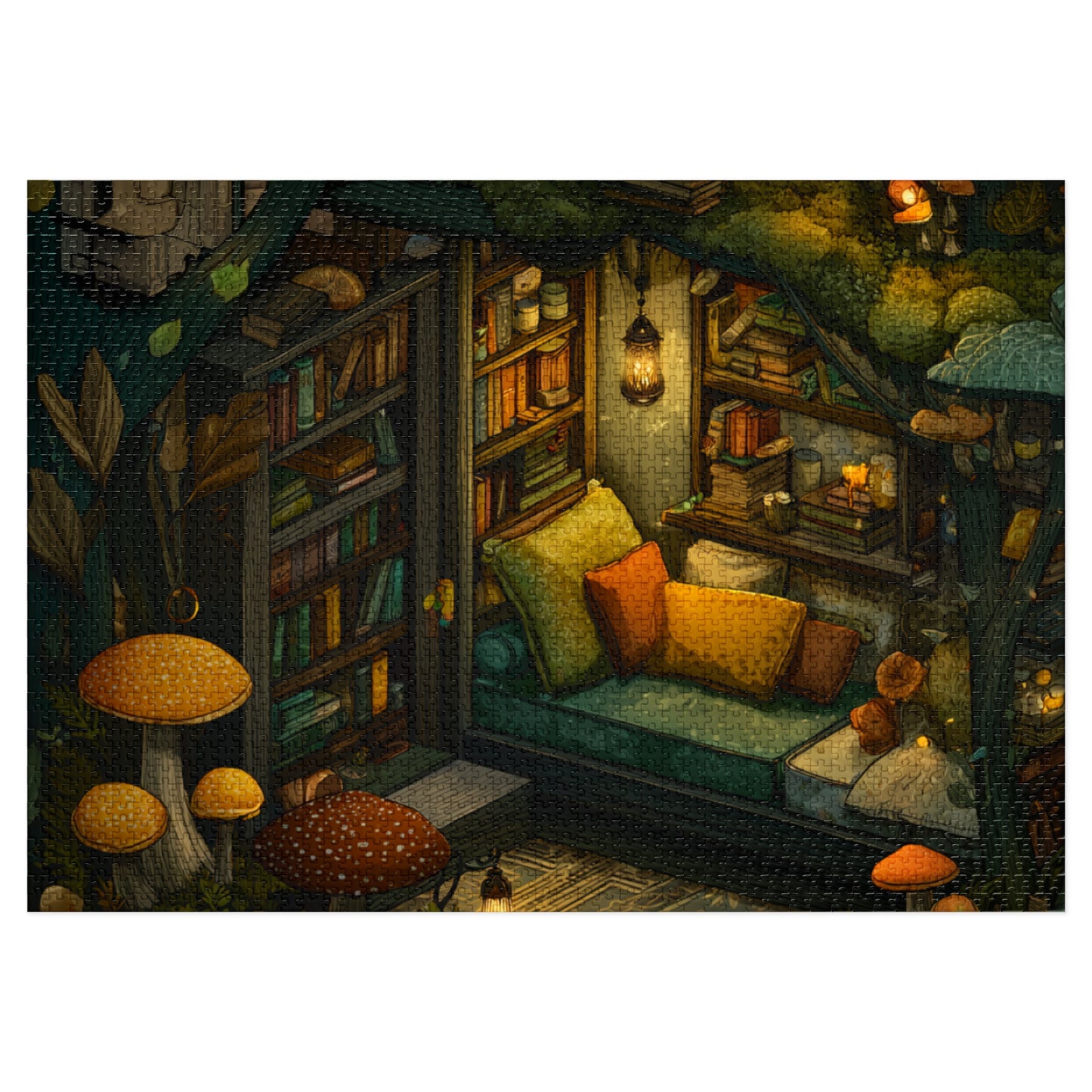 Cozy Mushroom Reading Nook Jigsaw Puzzle with Tin