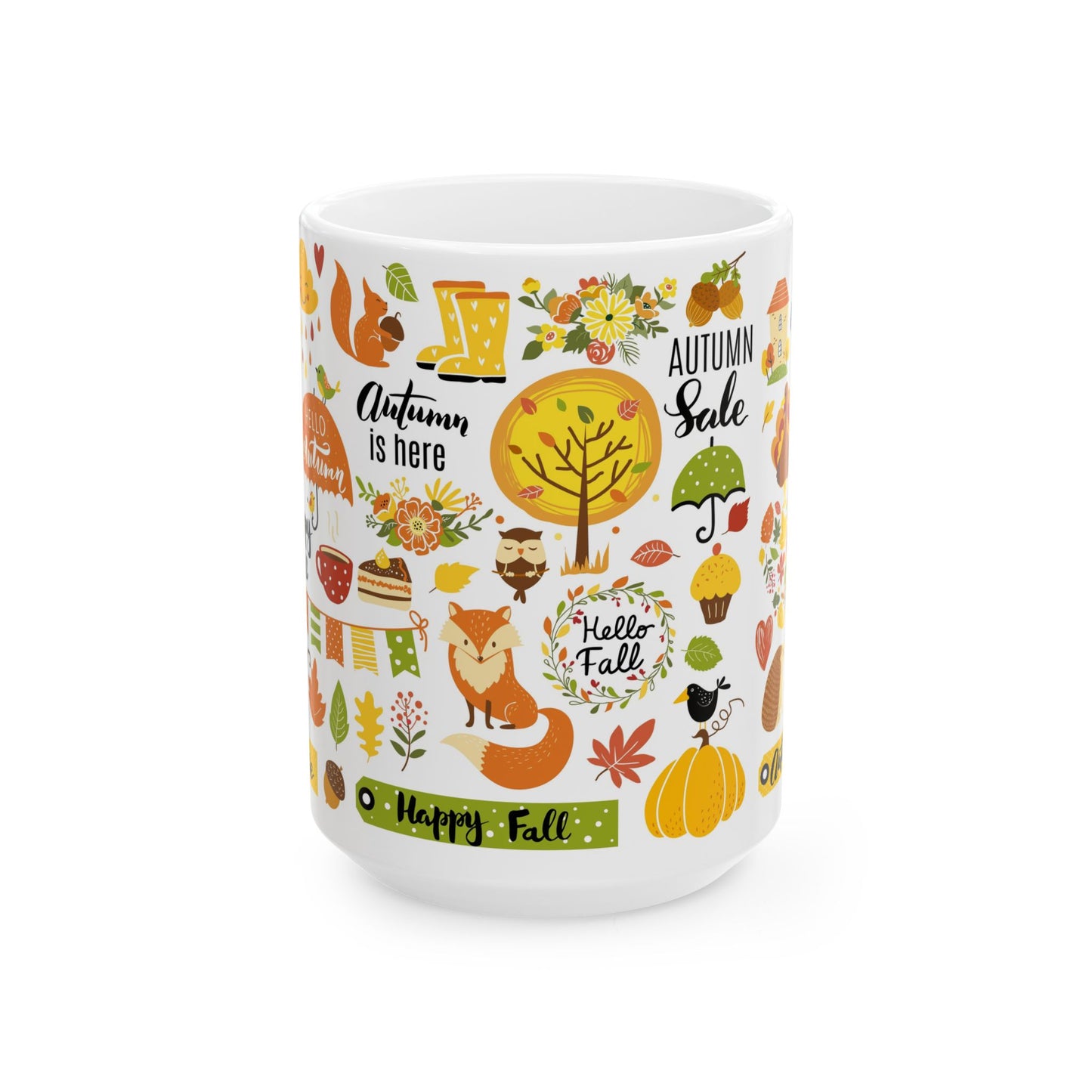Autumn Is Here Ceramic Mug — Fall Leaves, Fox & Pumpkin Coffee Cup (11oz/15oz)