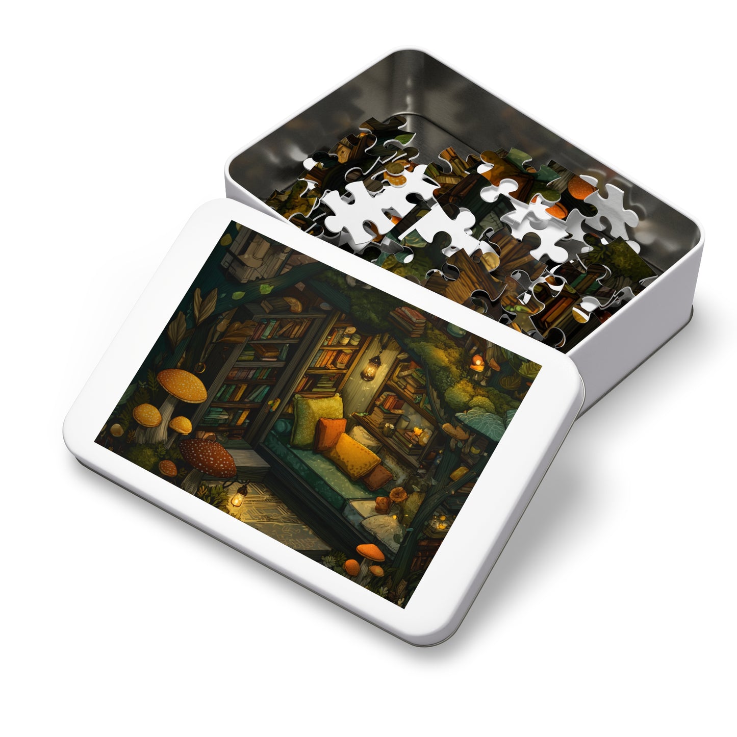 Cozy Mushroom Reading Nook Jigsaw Puzzle with Tin