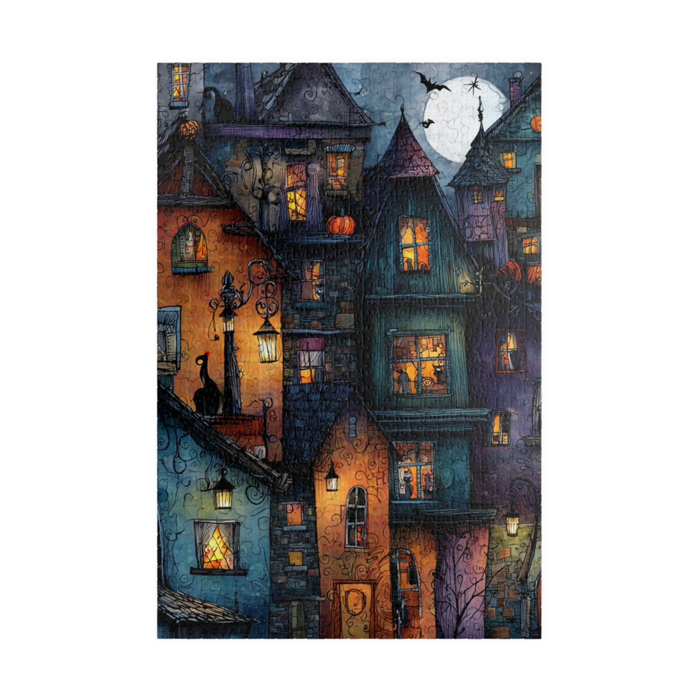 Spookington Village Puzzle Collection, Creepy Halloween Town with Black Cats in Windows, Whimsical & Spooky Jigsaw Halloween Themed Puzzle