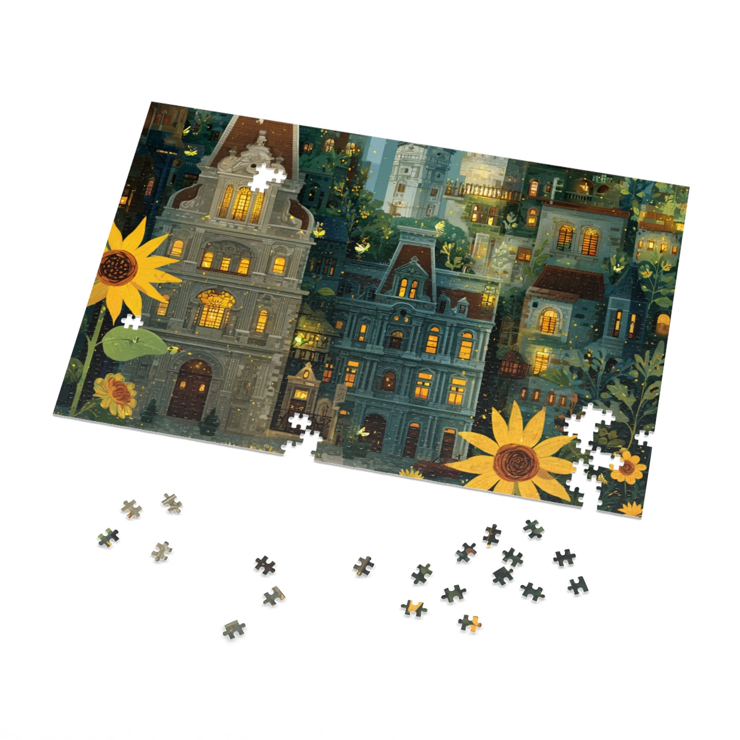 Whimsical Philadelphia Cityscape Sunflower Jigsaw Puzzle with Tin