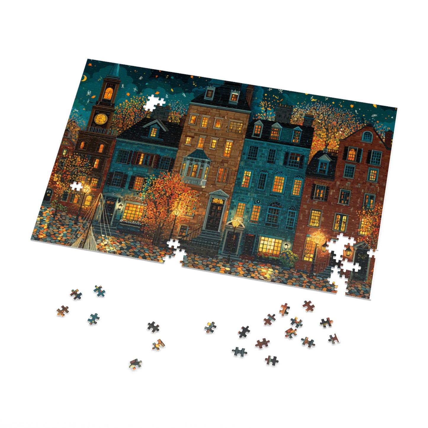 Whimsical Pennsylvania Fall Neighborhood Puzzle – A Cozy Autumn Escape Jigsaw Puzzle with Tin