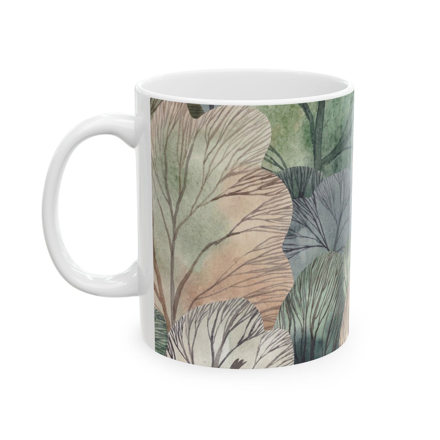 Whimsical Forest Ceramic Mug, Woodland Leaves in Muted Green, Gray and Cream, Cozy Nature Coffee Cup, 11oz & 15oz
