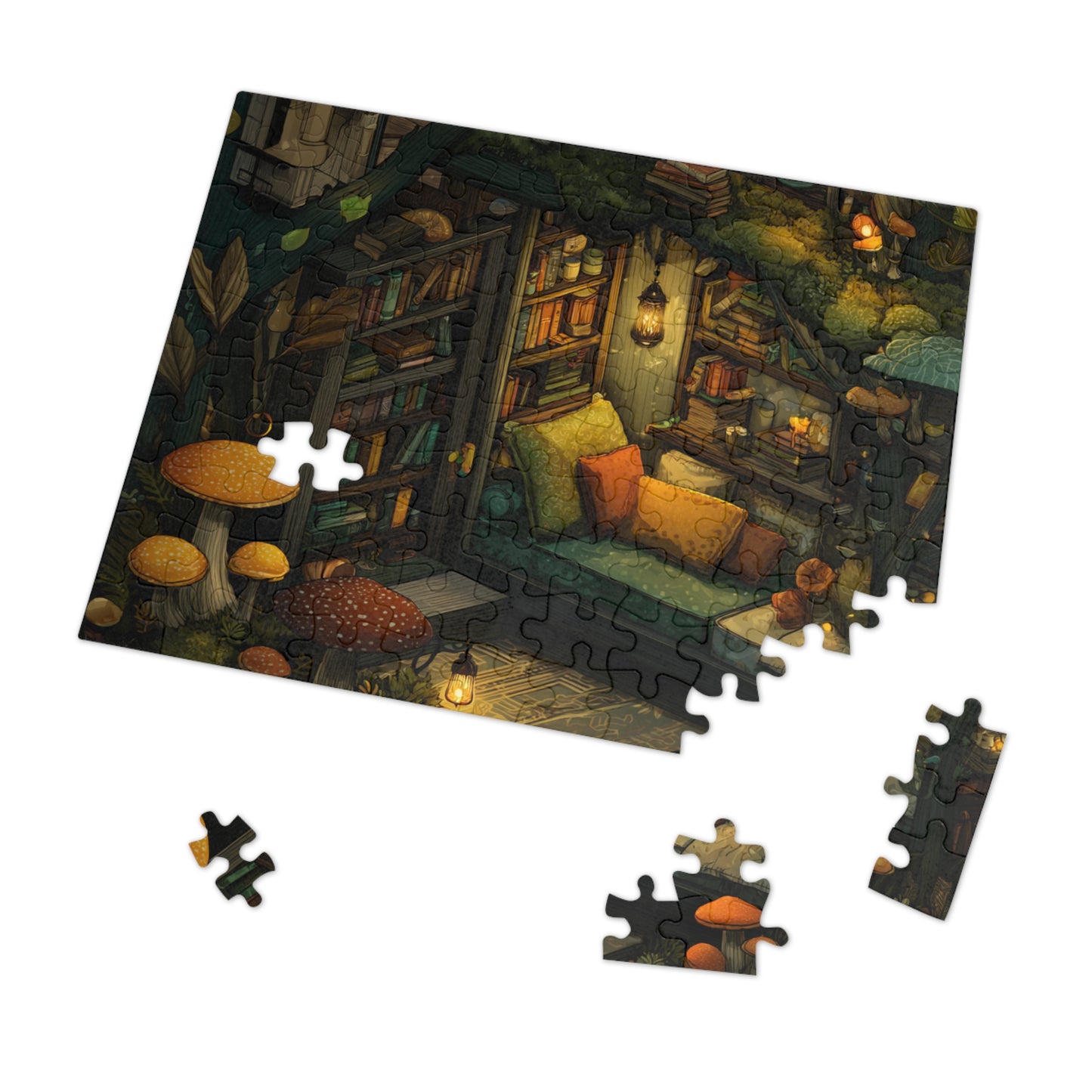 Cozy Mushroom Reading Nook Jigsaw Puzzle with Tin