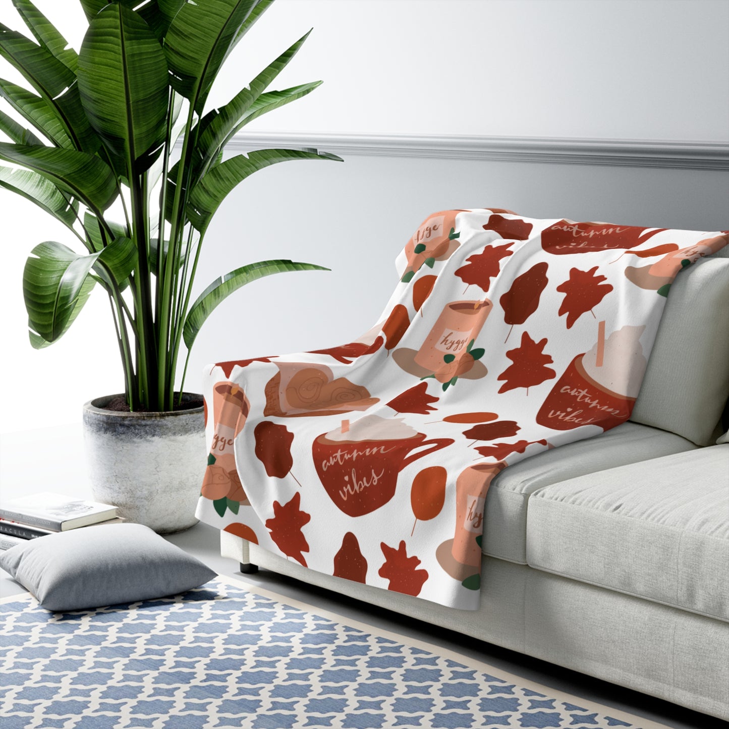 Autumn Vibes Hygge Sherpa Fleece Blanket | Cozy Fall Throw | Coffee & Leaves Design | Soft Plush Blanket Gift for Her