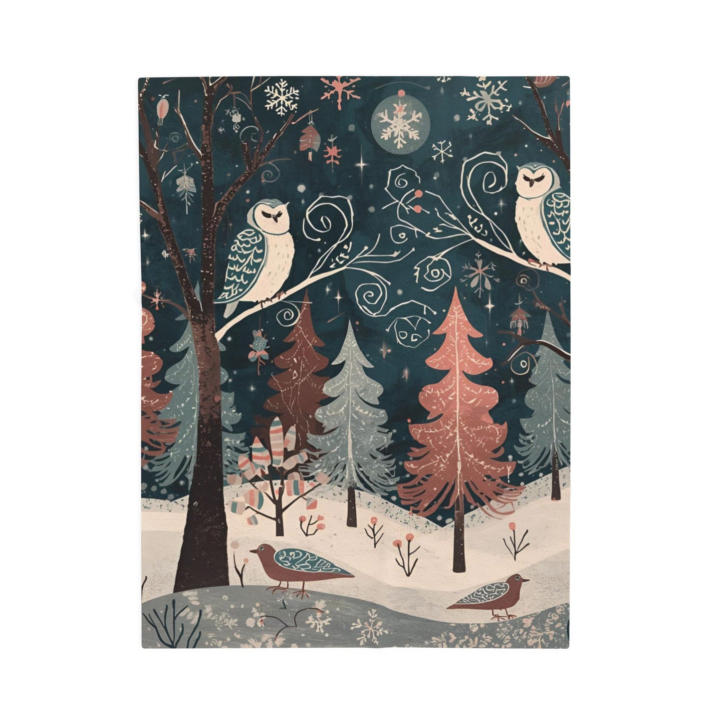 Whimsical Winter Owl Forest Velveteen Plush Blanket | Cozy Woodland Throw | Soft Plush Blanket Gift | Snowy Owl and Pine Tree Decor