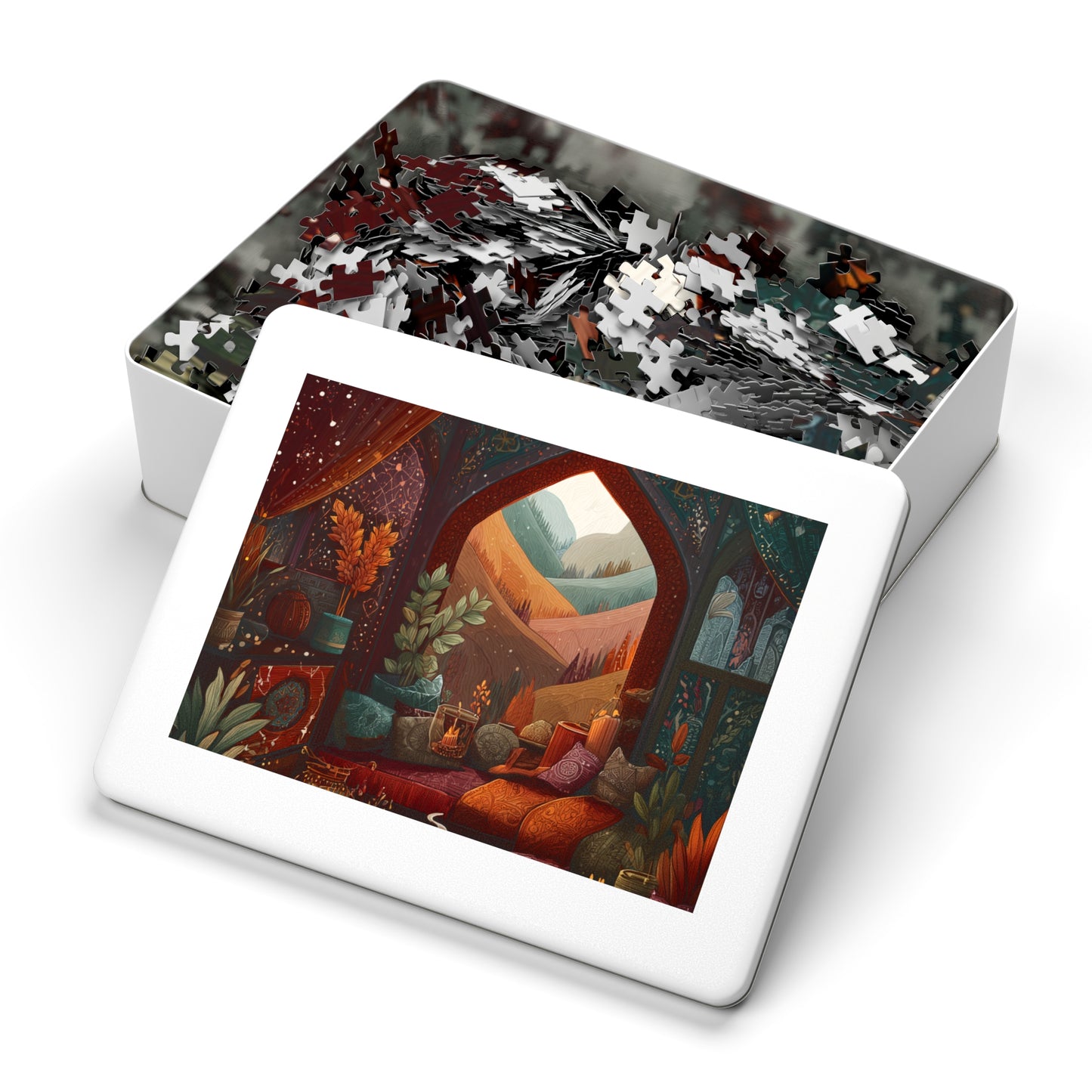 Cozy Autumn Window View Jigsaw Puzzle — 500-Piece Scenic Puzzle with Tin
