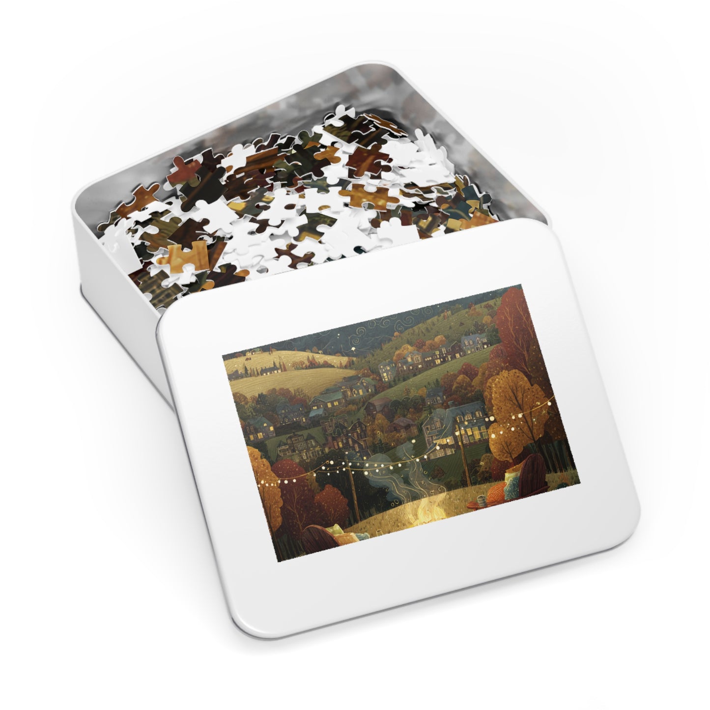 Cozy Hillside Evening Jigsaw Puzzle with Tin — Scenic Campfire Village Puzzle