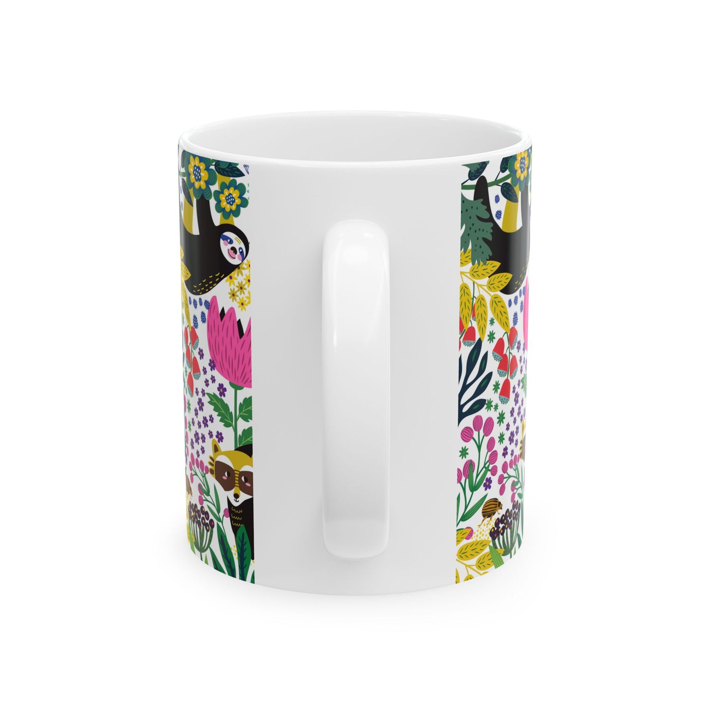 Whimsical Sloth & Raccoon Mug, Bright Floral Forest Animal Coffee Cup, Cheerful Design, 11oz and  15oz, Cute Animal Lover Gift