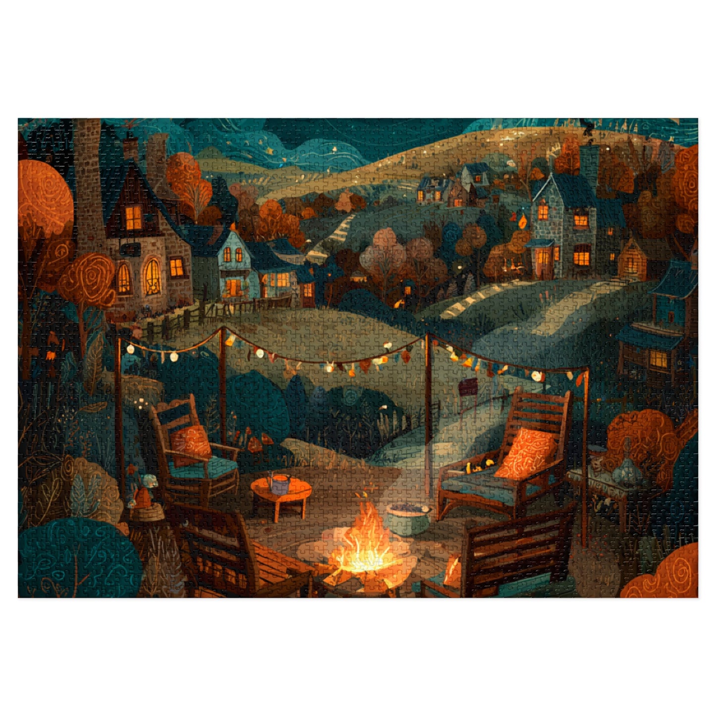 Cozy Campfire Village Jigsaw Puzzle with Tin — 500pc Scenic Nighttime Puzzle
