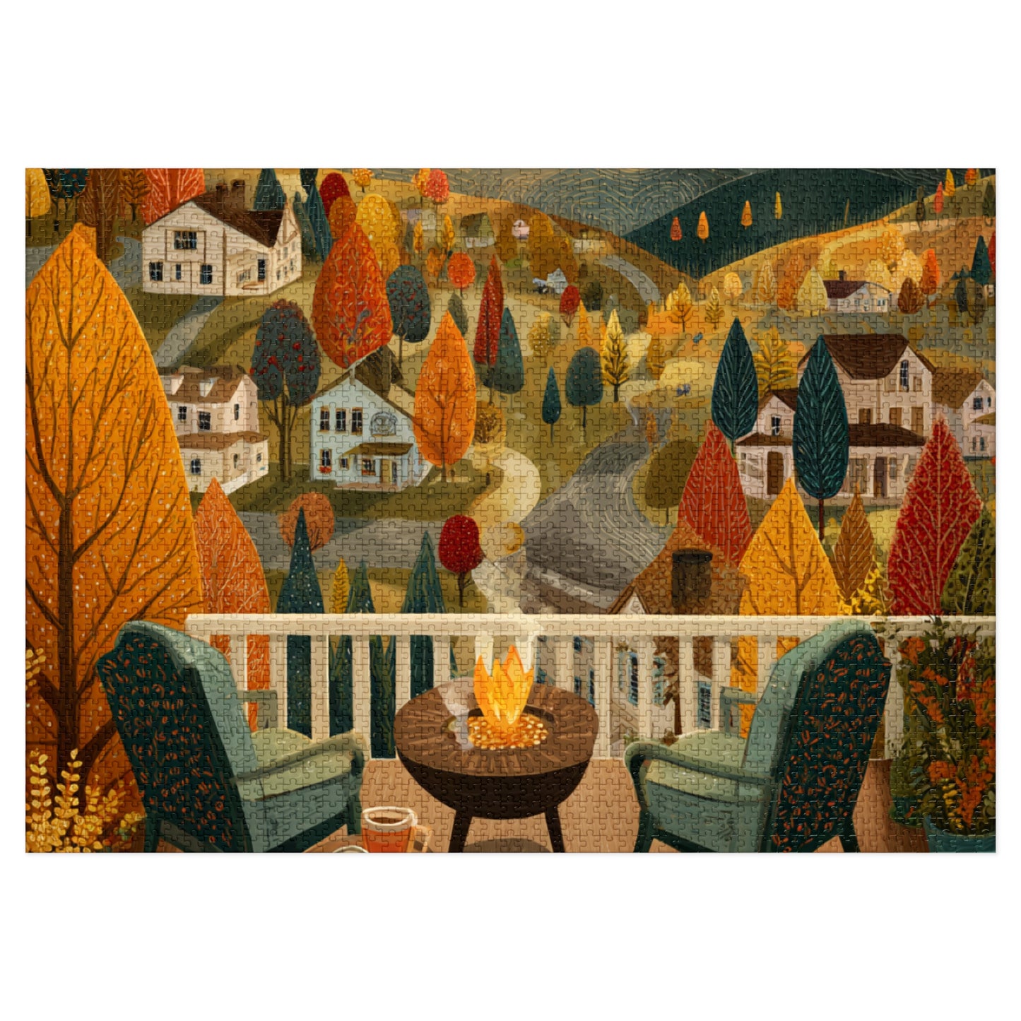 Autumn Porch Scene Jigsaw Puzzle with Tin — Cozy Fall Landscape 500pc