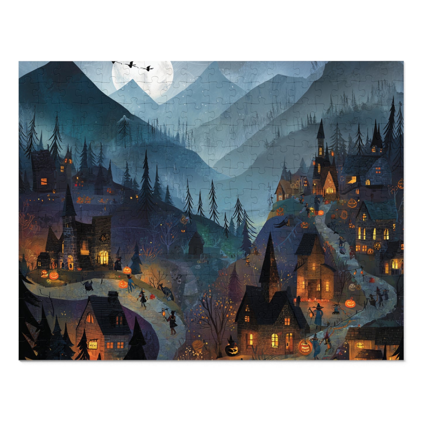 Haunted Mountain Town Puzzle, Spooky Halloween Streets and Eerie Nightscape Jigsaw Puzzle with Tin, Halloween Puzzle