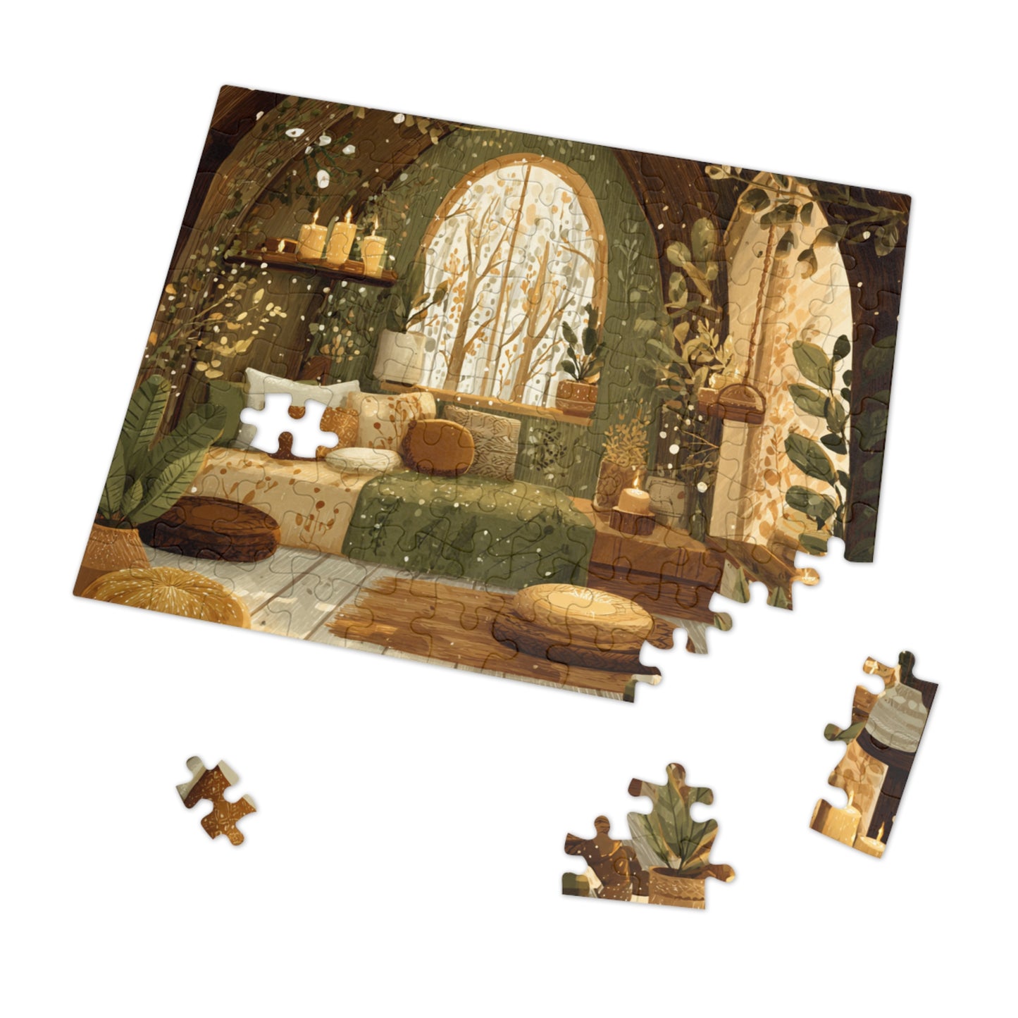Cozy Green Nook Jigsaw Puzzle with Tin – Calming Botanical Room Scene