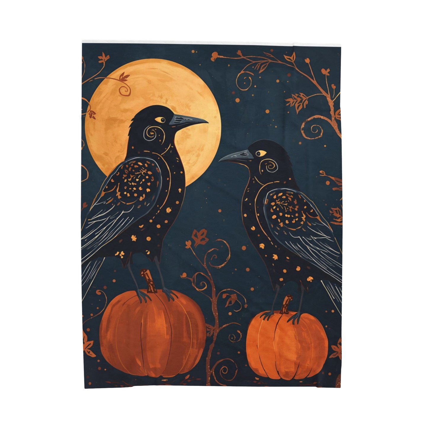 Whimsical Crows with Full Moon Velveteen Plush Blanket | Cozy Fall Throw | Warm Autumn Home Decor | Pumpkin Design