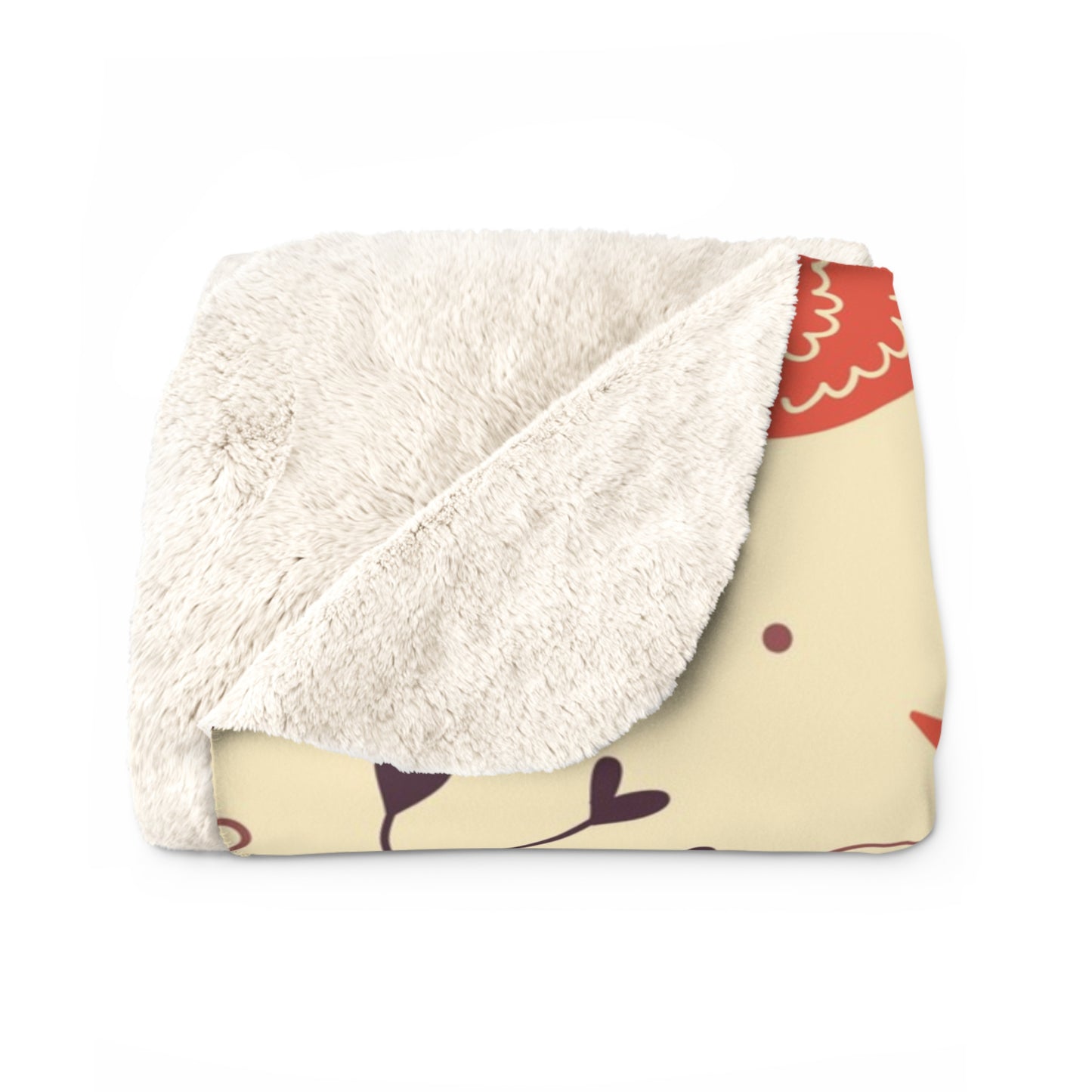 Floral Bird Sherpa Blanket — Cozy Cream Fleece with Red Wildflower & Bird Print