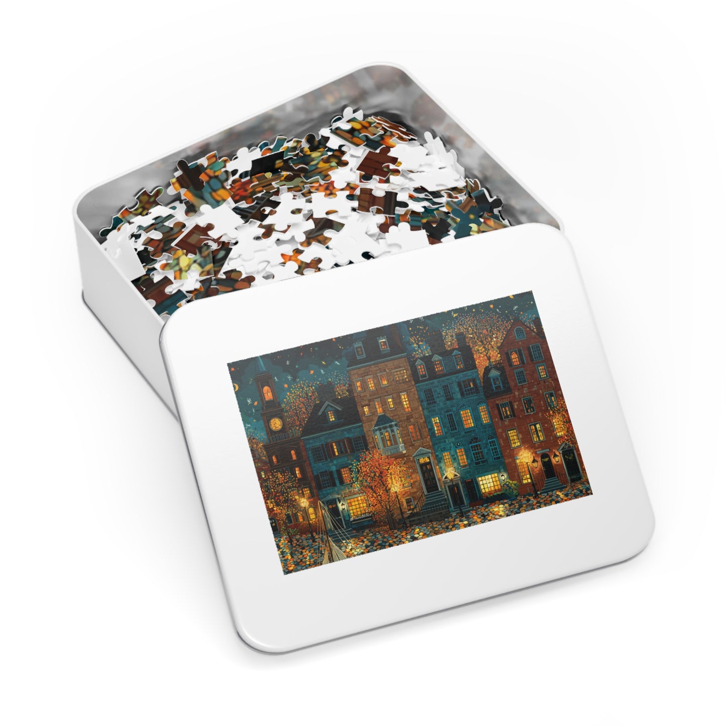 Whimsical Pennsylvania Fall Neighborhood Puzzle – A Cozy Autumn Escape Jigsaw Puzzle with Tin