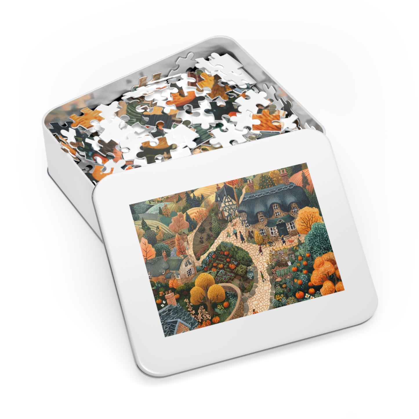 Autumn Cottage Village Jigsaw Puzzle — 500-Piece Fall Village Puzzle with Tin Gift Box