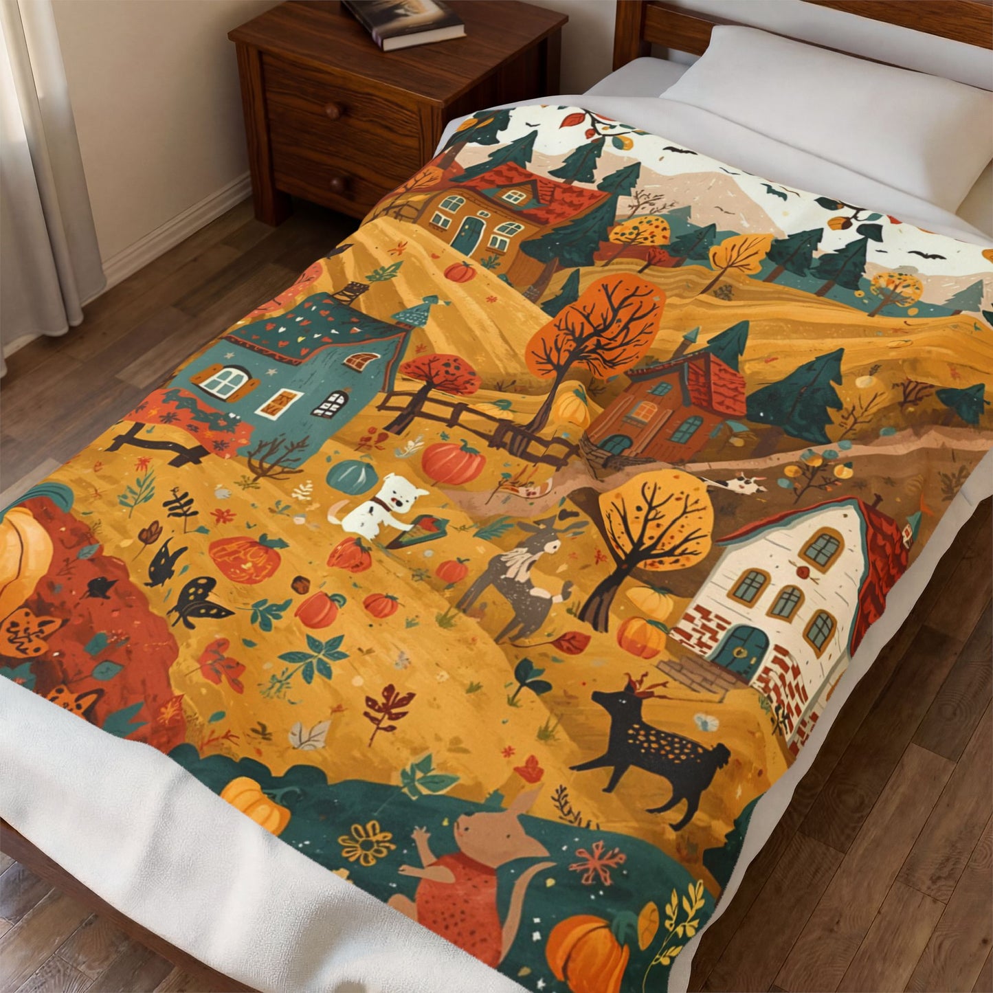 Cozy Autumn Village Velveteen Plush Blanket | Fall Harvest Throw | Soft Plush Blanket Gift | Warm Rustic Home Decor | Pumpkin Season Blanket