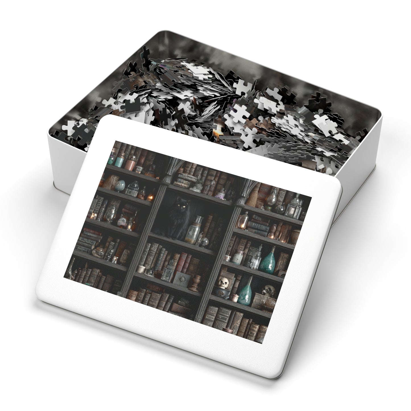 Witchs Shadowy Library Puzzle with a Black Cat, Spellbooks and Enchanted Tomes, Jigsaw Puzzle with tin,  Halloween Gift Idea