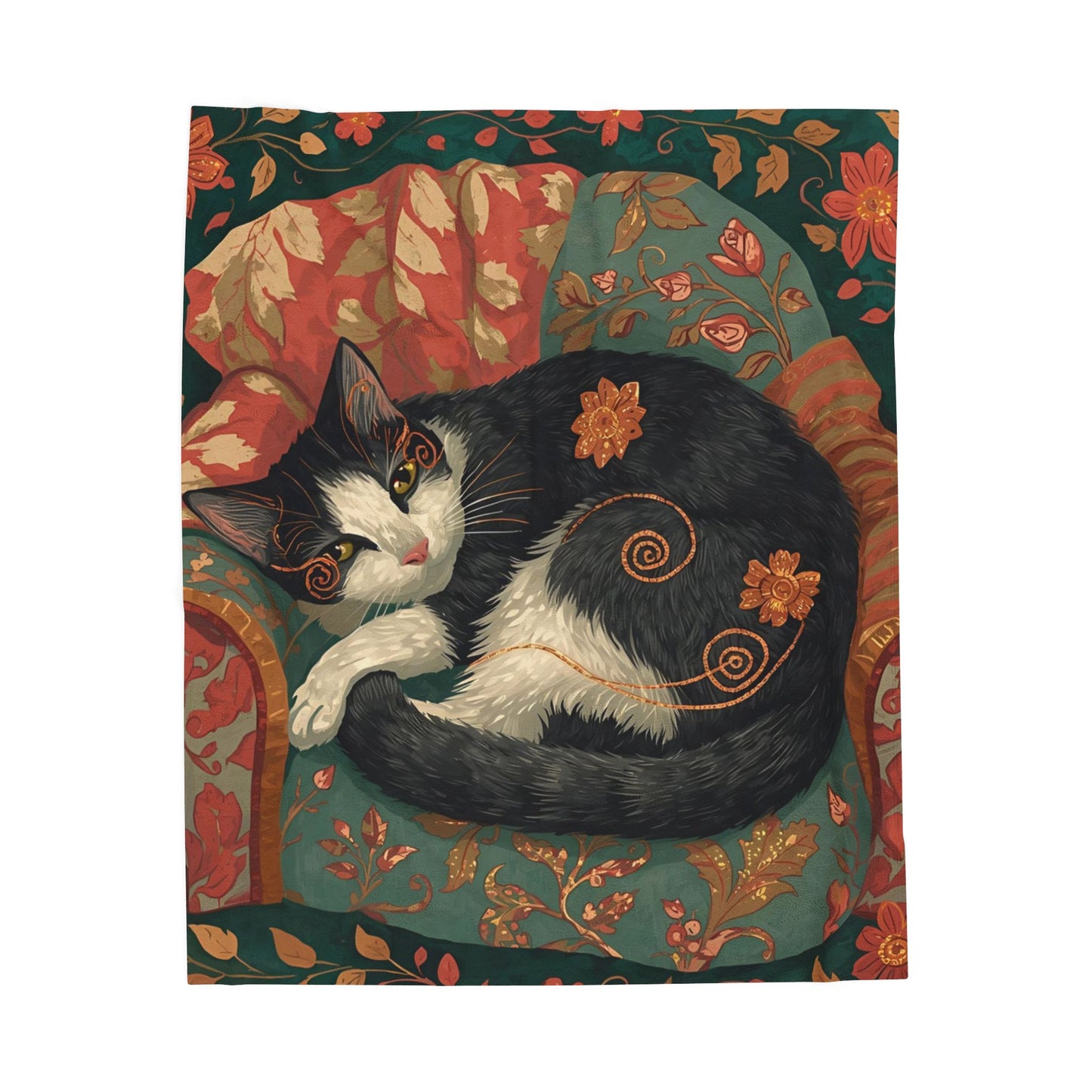 Whimsical Cat on Cozy Chair Velveteen Plush Blanket | Fall Home Decor | Soft Warm Throw | Cozy Cat Lover Gift | Autumn Aesthetic Blanket