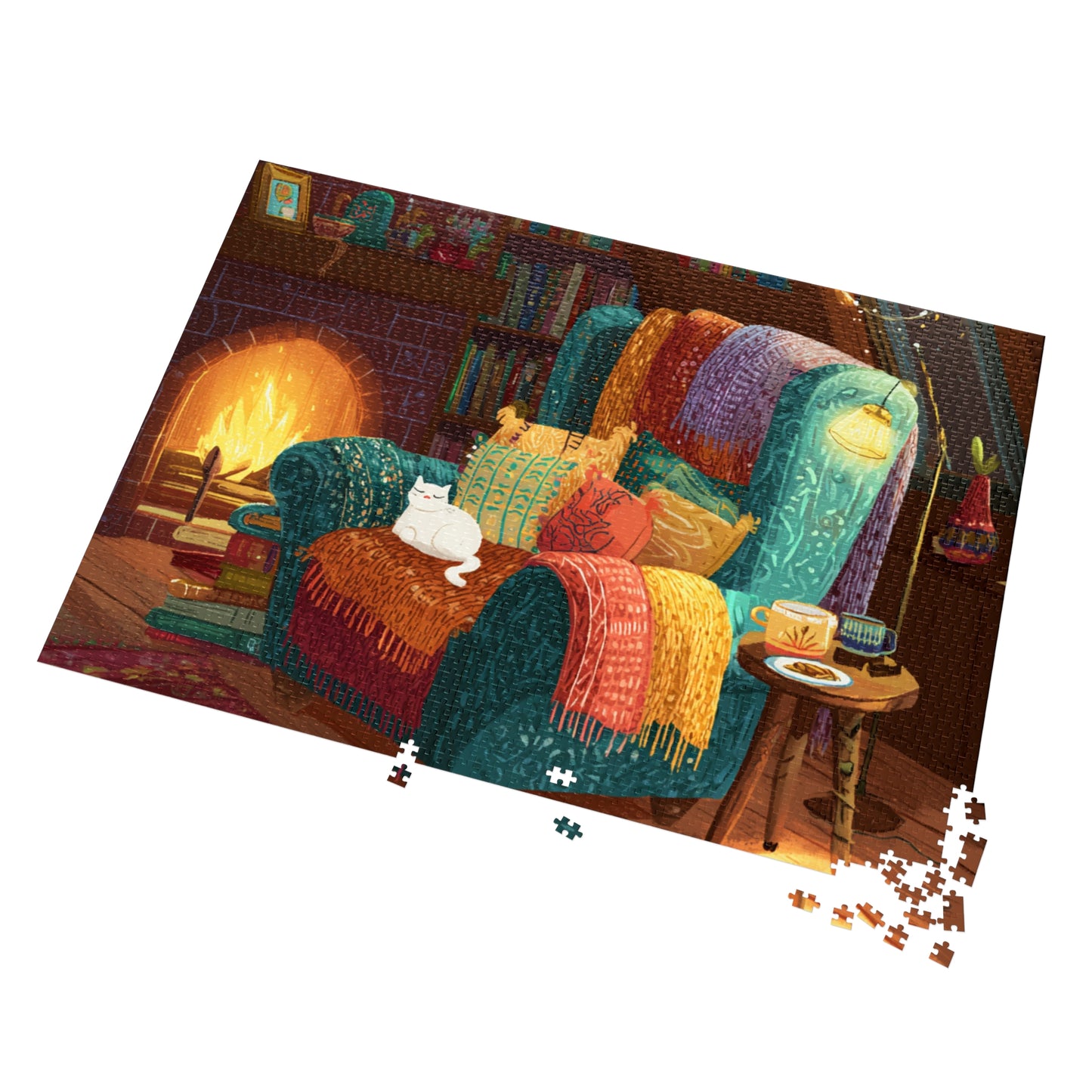 Colorful Cozy Armchair With A White Cat and Fireplace Jigsaw Puzzle with Tin – 500-Piece Relaxing Reading Nook Scene