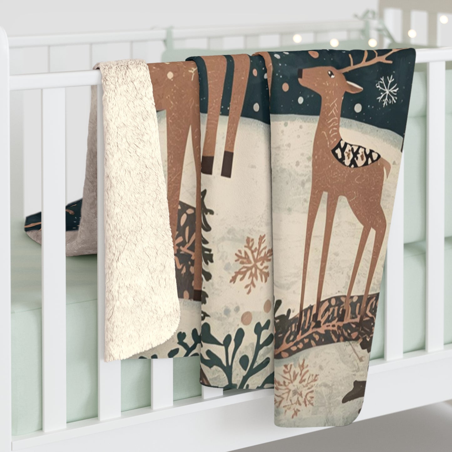 Whimsical Deer Sherpa Fleece Blanket | Winter Deer, Snowflake & Pine Tree Throw | Cozy Woodland Blanket Gift | Soft Plush Warm Winter Decor