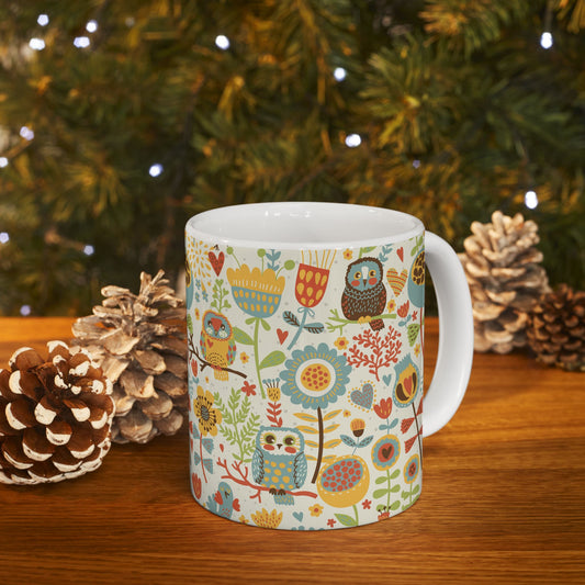 Whimsical Owl Ceramic Mug, Vibrant and Cheerful Coffee Mug, 11oz & 15oz, Perfect Gift for Owl Lovers, Cute Tea Mug