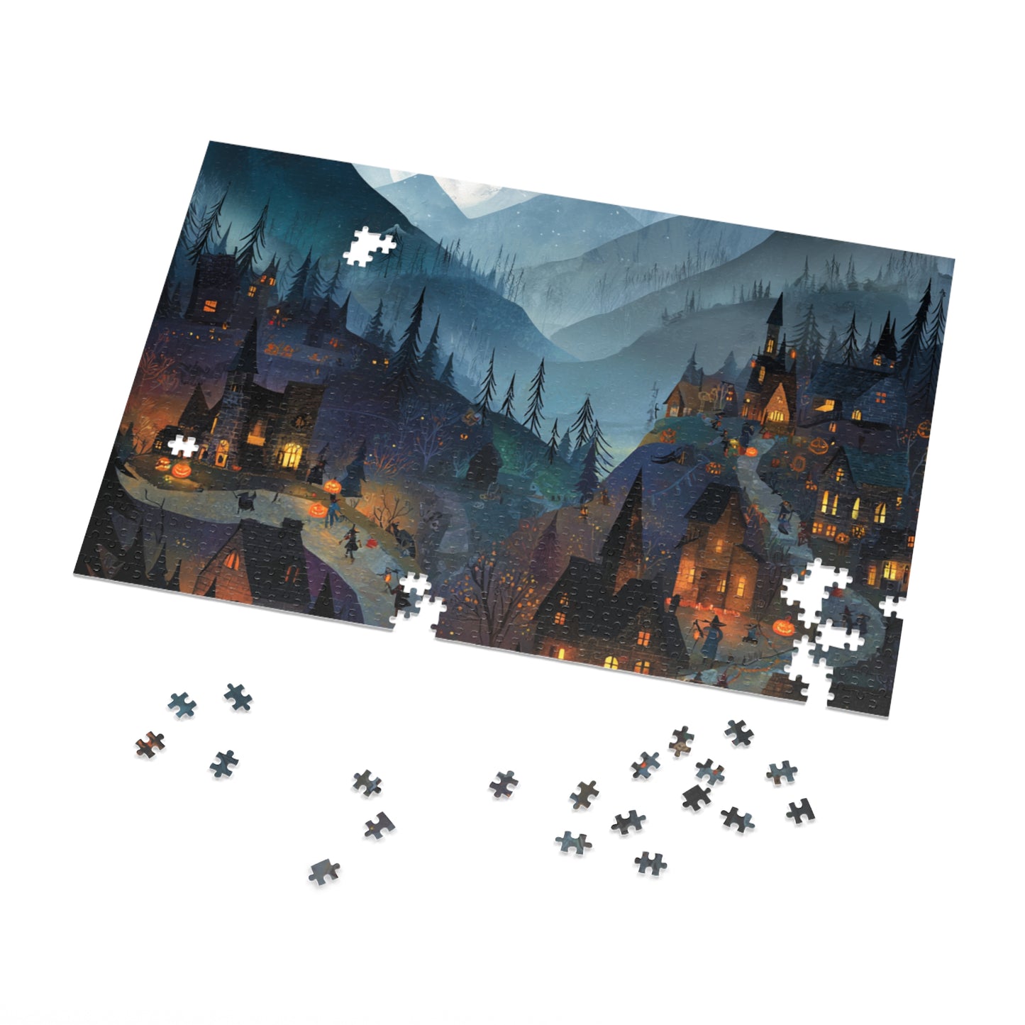 Haunted Mountain Town Puzzle, Spooky Halloween Streets and Eerie Nightscape Jigsaw Puzzle with Tin, Halloween Puzzle