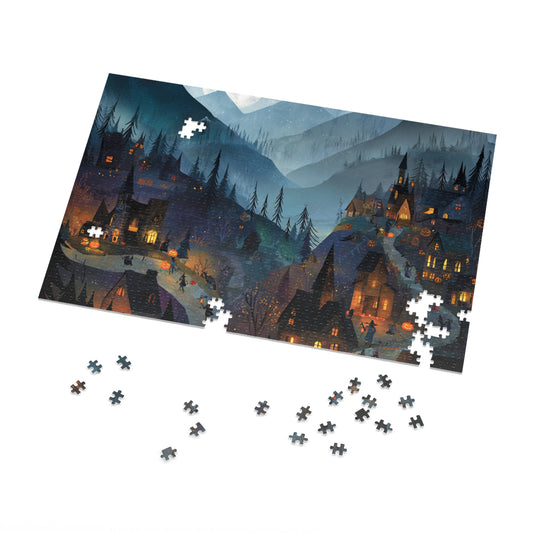 Haunted Mountain Town Jigsaw Puzzle with Tin – Spooky Halloween Streets & Eerie Foggy Nightscape